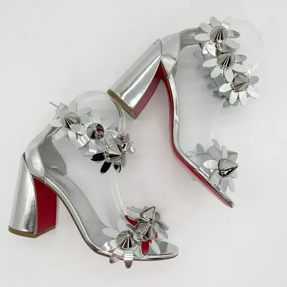 Christian Louboutin Daisy Spike Metallic Silver Ankle Cuff Sandals EU 37.5 - Picture 4 of 15